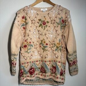 Vintage 90s Embroidered Medium Cottagecore Grandma Chunky Sweater Floral Knitted